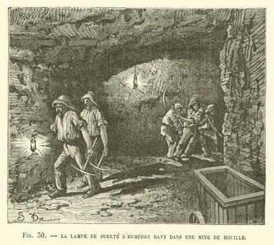 La lampe de sûreté de Humphry Davy dans une mine de houille - French School